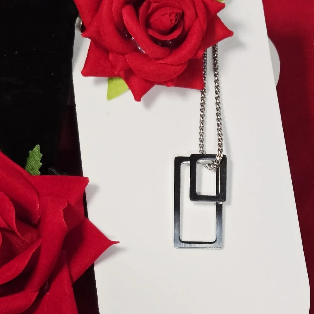 Silver Geometric Rectangle Pendant Necklace Stainless Steel Unisex 24